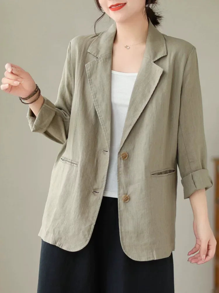 Cotton Linen Notched Lapel Blazer with Roll-Up Sleeves