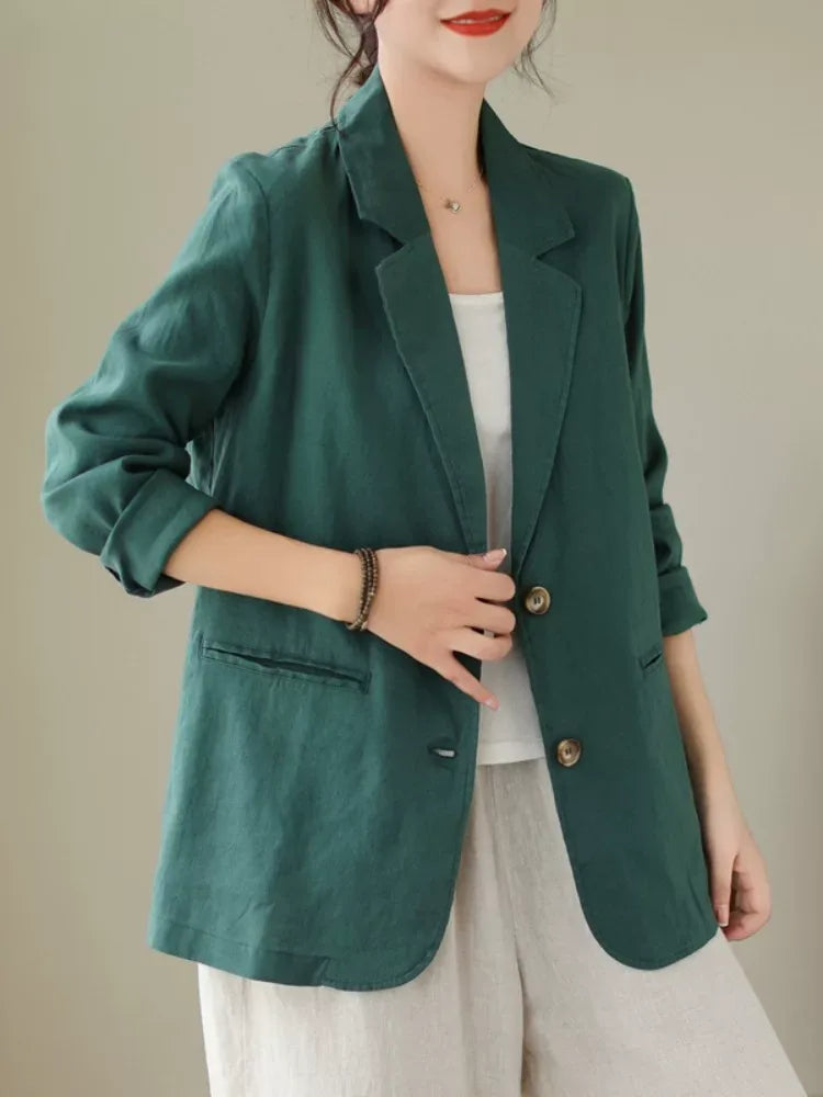 Cotton Linen Notched Lapel Blazer with Roll-Up Sleeves