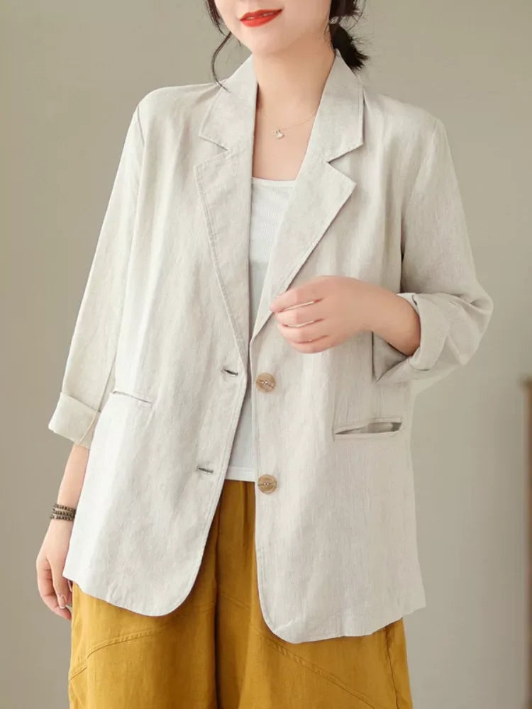 Cotton Linen Notched Lapel Blazer with Roll-Up Sleeves