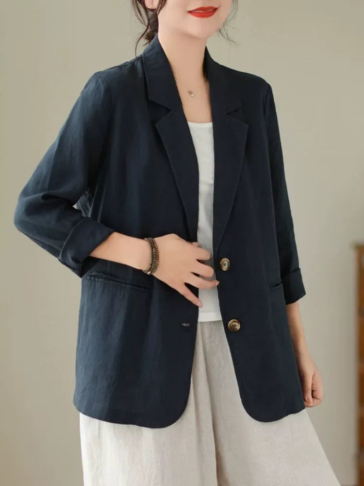 Cotton Linen Notched Lapel Blazer with Roll-Up Sleeves