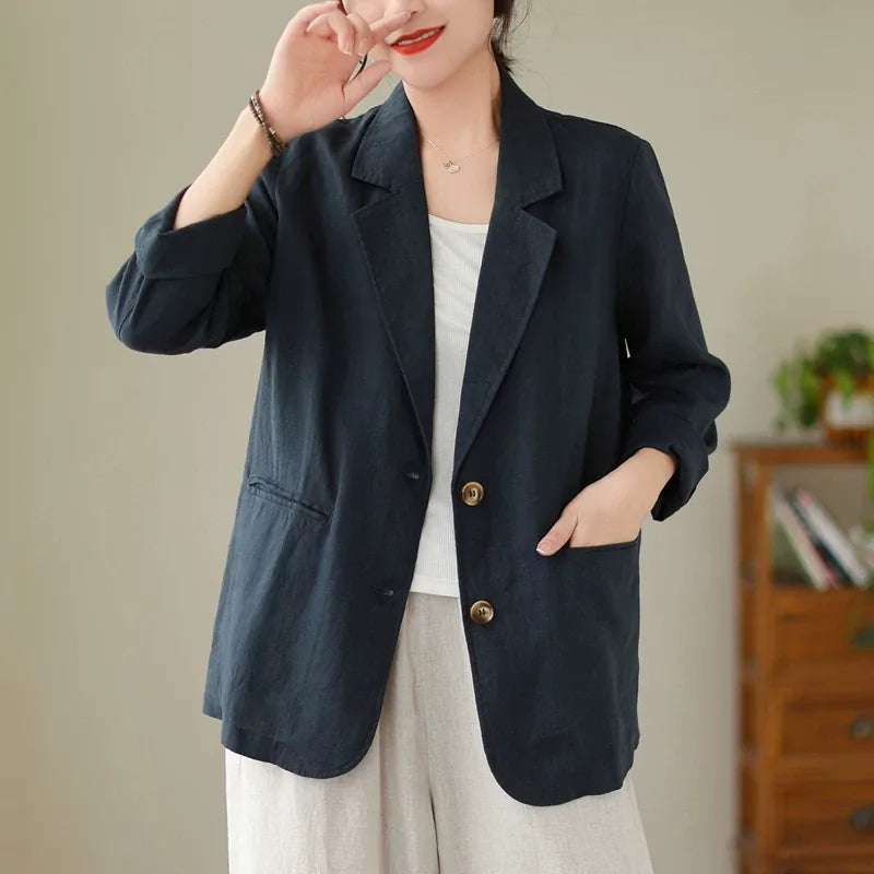 Cotton Linen Notched Lapel Blazer with Roll-Up Sleeves
