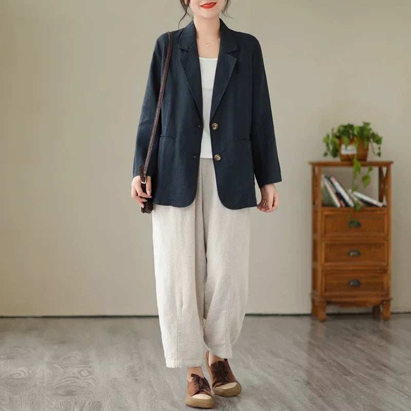 Cotton Linen Notched Lapel Blazer with Roll-Up Sleeves