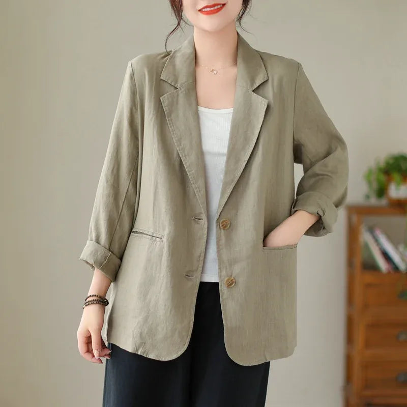 Cotton Linen Notched Lapel Blazer with Roll-Up Sleeves