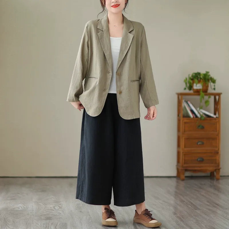 Cotton Linen Notched Lapel Blazer with Roll-Up Sleeves