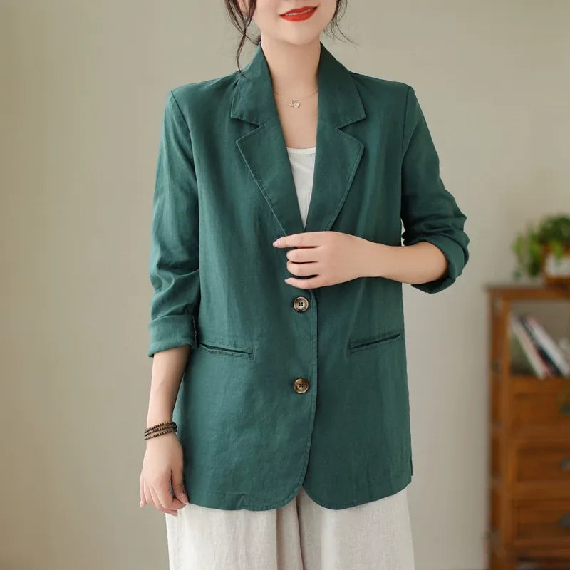 Cotton Linen Notched Lapel Blazer with Roll-Up Sleeves