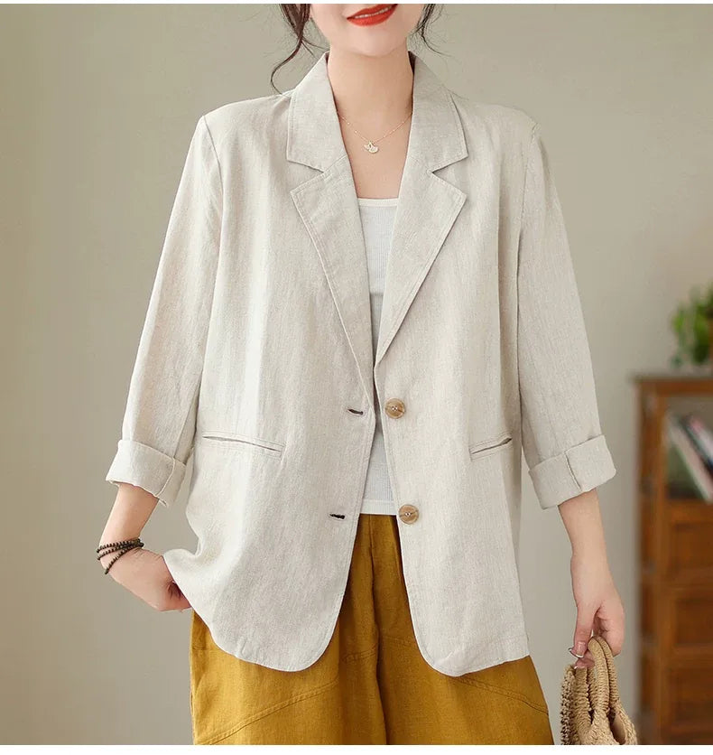 Cotton Linen Notched Lapel Blazer with Roll-Up Sleeves