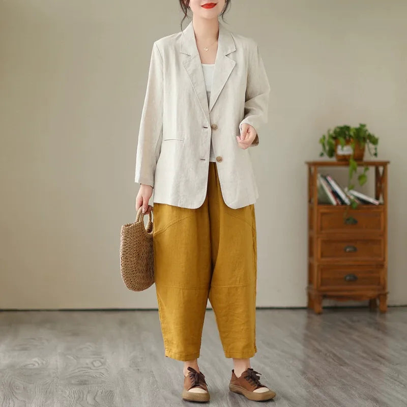 Cotton Linen Notched Lapel Blazer with Roll-Up Sleeves