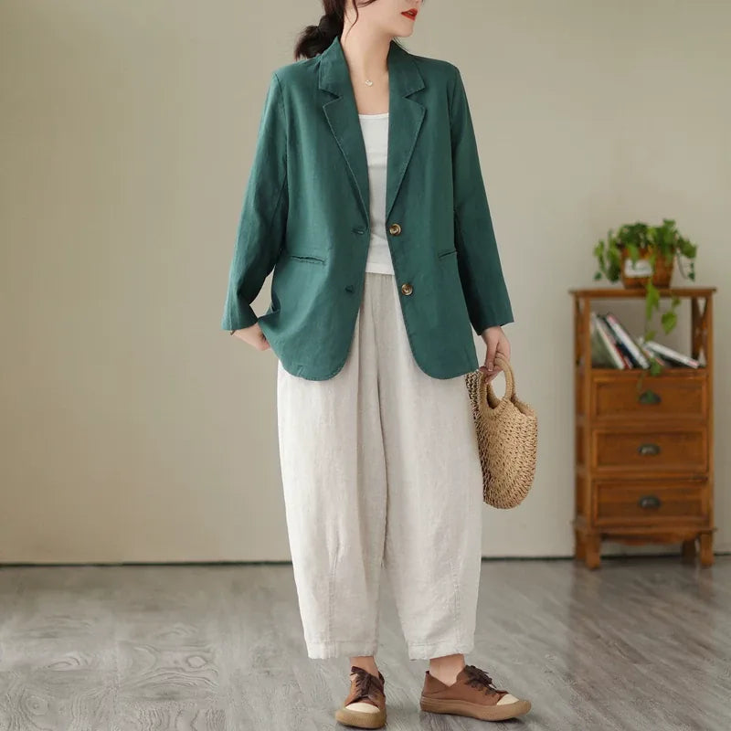 Cotton Linen Notched Lapel Blazer with Roll-Up Sleeves