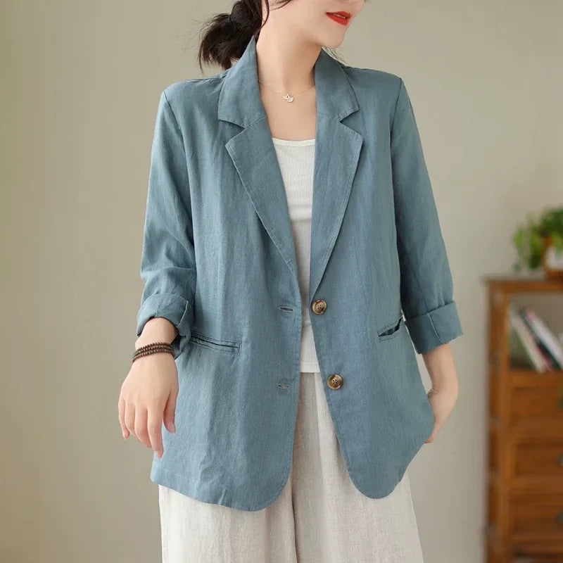 Cotton Linen Notched Lapel Blazer with Roll-Up Sleeves