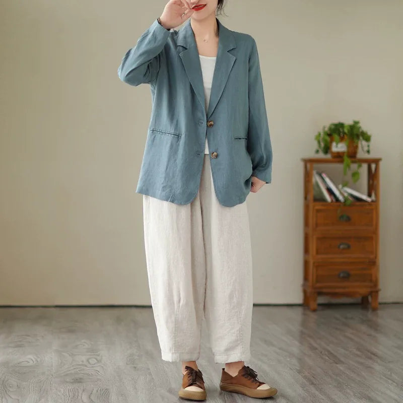 Cotton Linen Notched Lapel Blazer with Roll-Up Sleeves