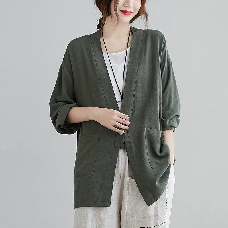 Cotton Linen Single Button Lapel Jacket