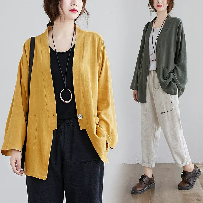 Cotton Linen Single Button Lapel Jacket