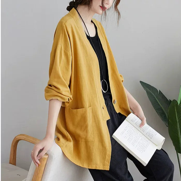 Cotton Linen Single Button Lapel Jacket