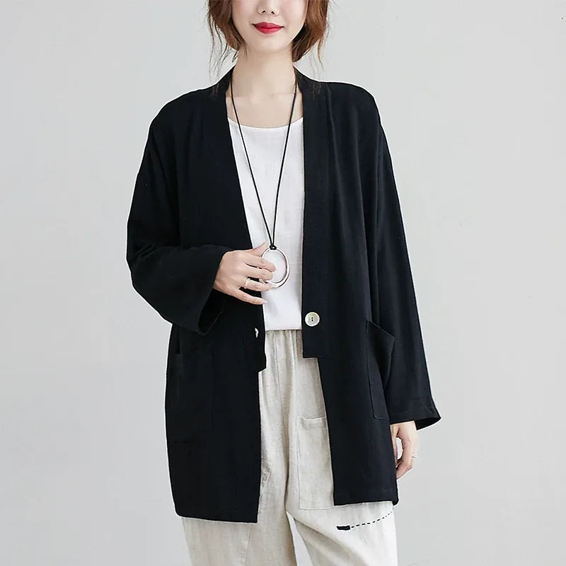 Cotton Linen Single Button Lapel Jacket