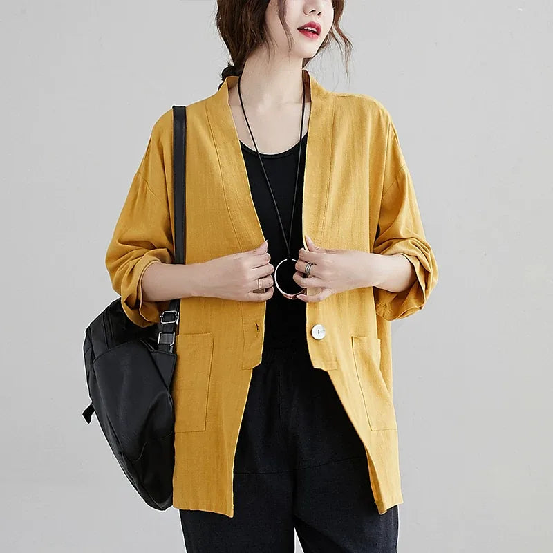 Cotton Linen Single Button Lapel Jacket