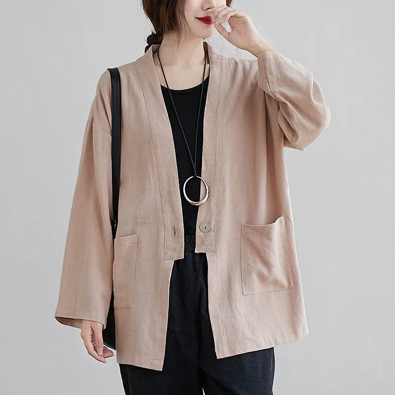 Cotton Linen Single Button Lapel Jacket
