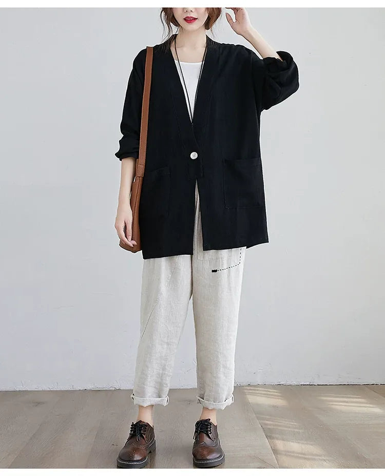 Cotton Linen Single Button Lapel Jacket
