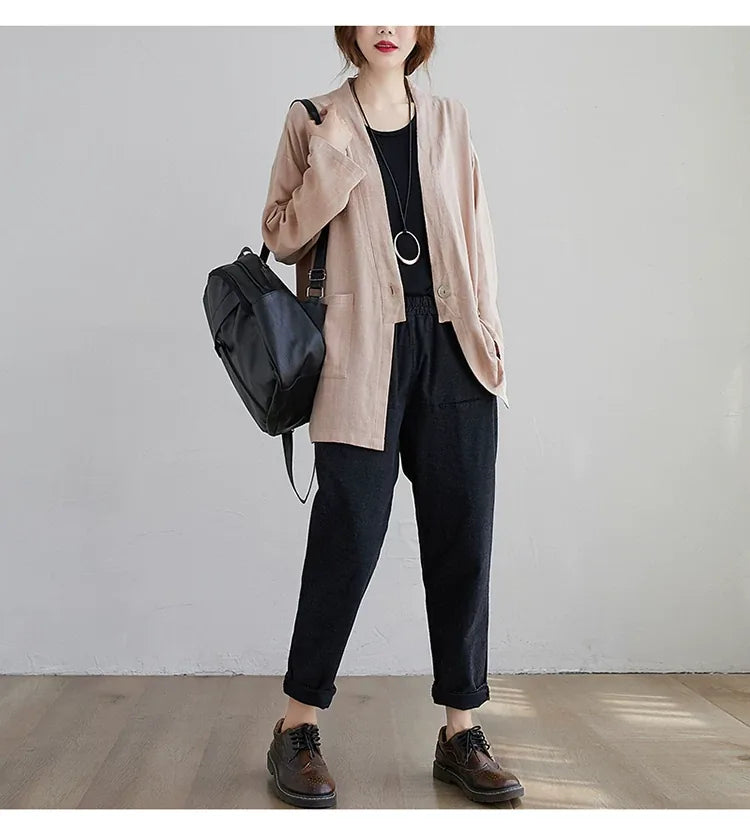 Cotton Linen Single Button Lapel Jacket