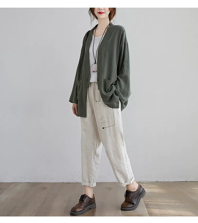 Cotton Linen Single Button Lapel Jacket