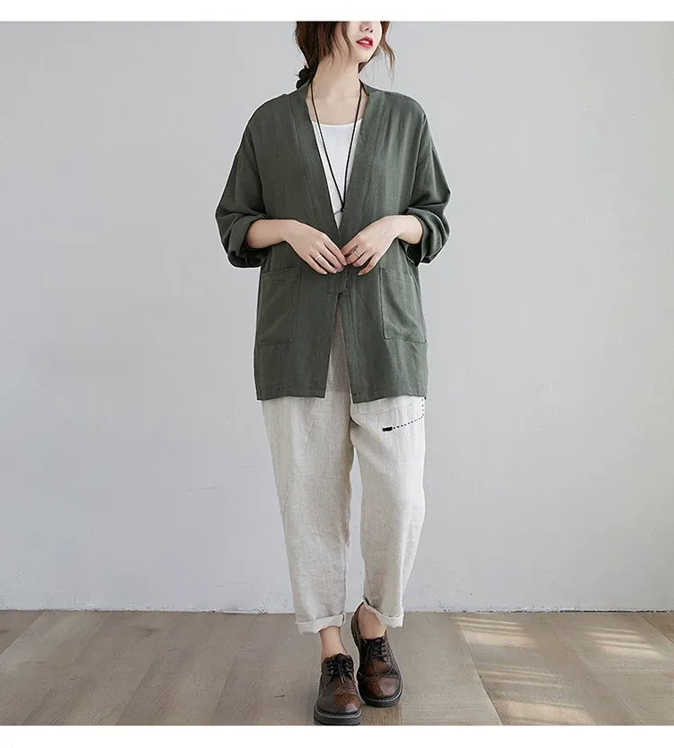 Cotton Linen Single Button Lapel Jacket