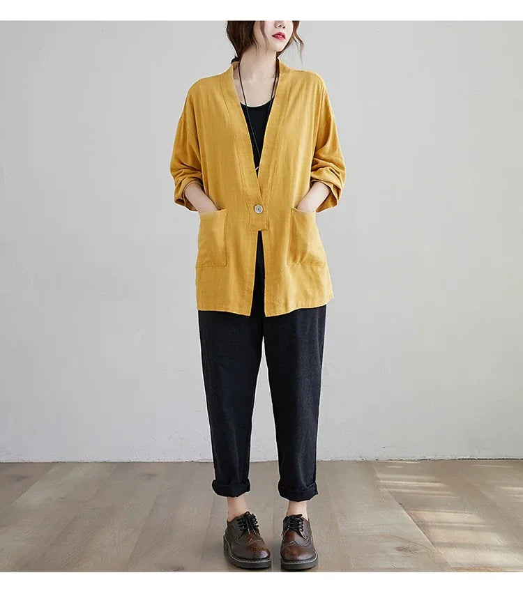 Cotton Linen Single Button Lapel Jacket