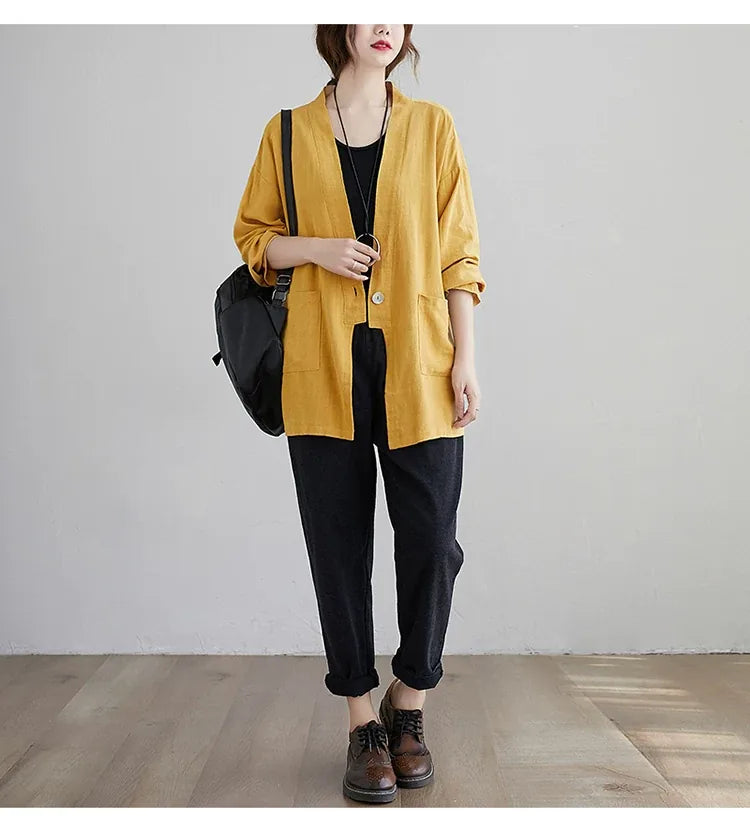 Cotton Linen Single Button Lapel Jacket