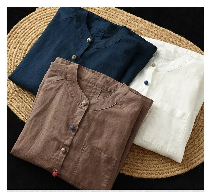 Cotton Linen Small Stand Collar Three Quarter Sleeve Shirt - detail view
