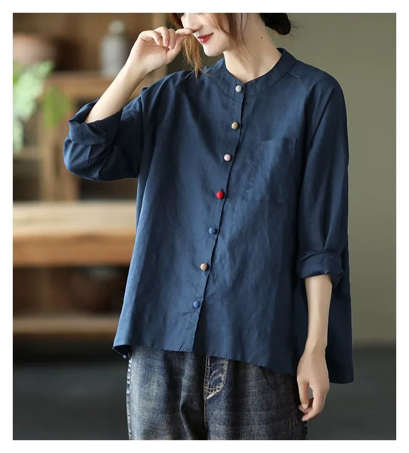 Cotton Linen Small Stand Collar Three Quarter Sleeve Shirt - detail view