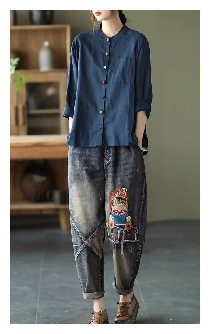 Cotton Linen Small Stand Collar Three Quarter Sleeve Shirt - detail view