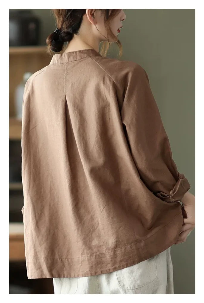 Cotton Linen Small Stand Collar Three Quarter Sleeve Shirt - detail view