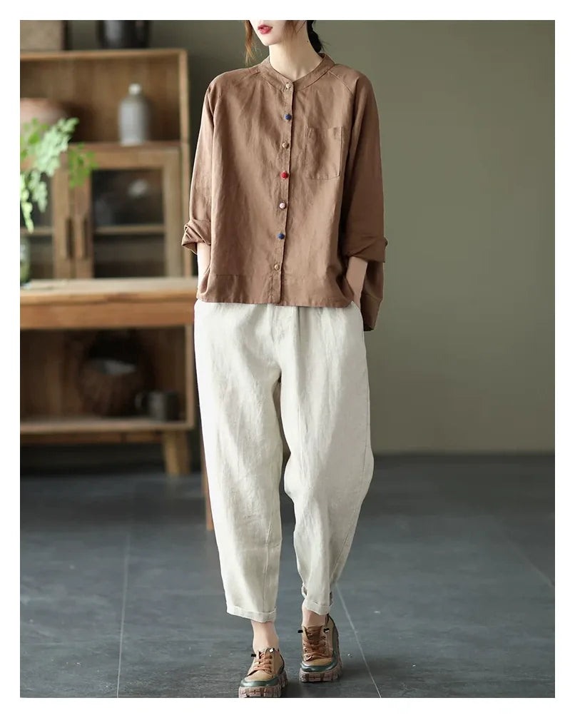 Cotton Linen Small Stand Collar Three Quarter Sleeve Shirt - detail view