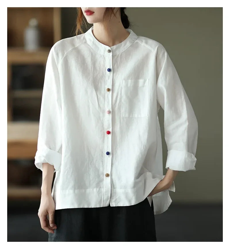 Cotton Linen Small Stand Collar Three Quarter Sleeve Shirt - detail view