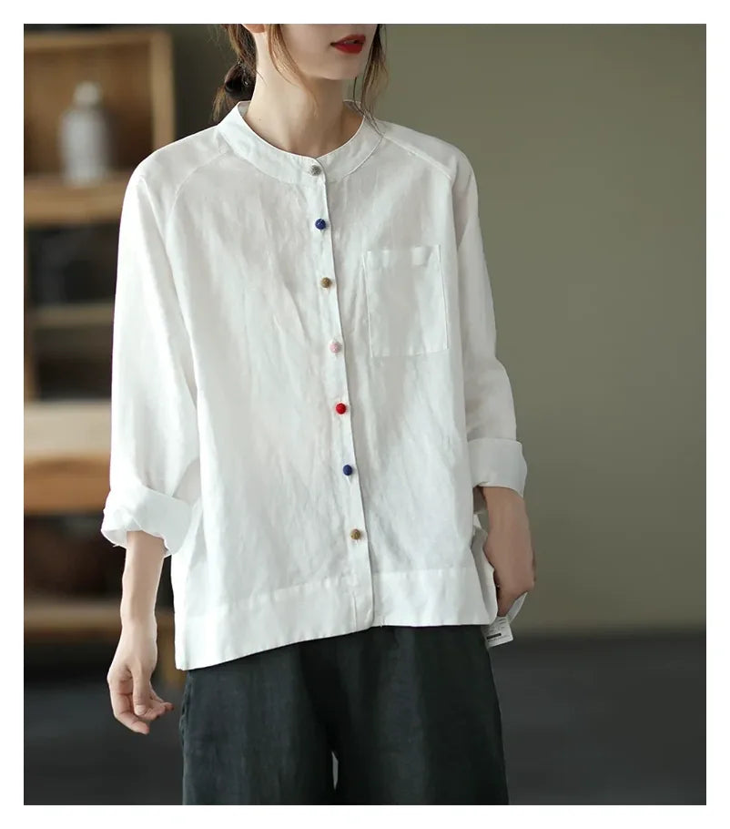 Cotton Linen Small Stand Collar Three Quarter Sleeve Shirt - detail view