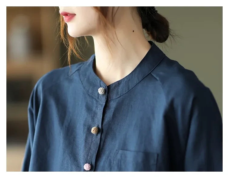 Cotton Linen Small Stand Collar Three Quarter Sleeve Shirt - detail view