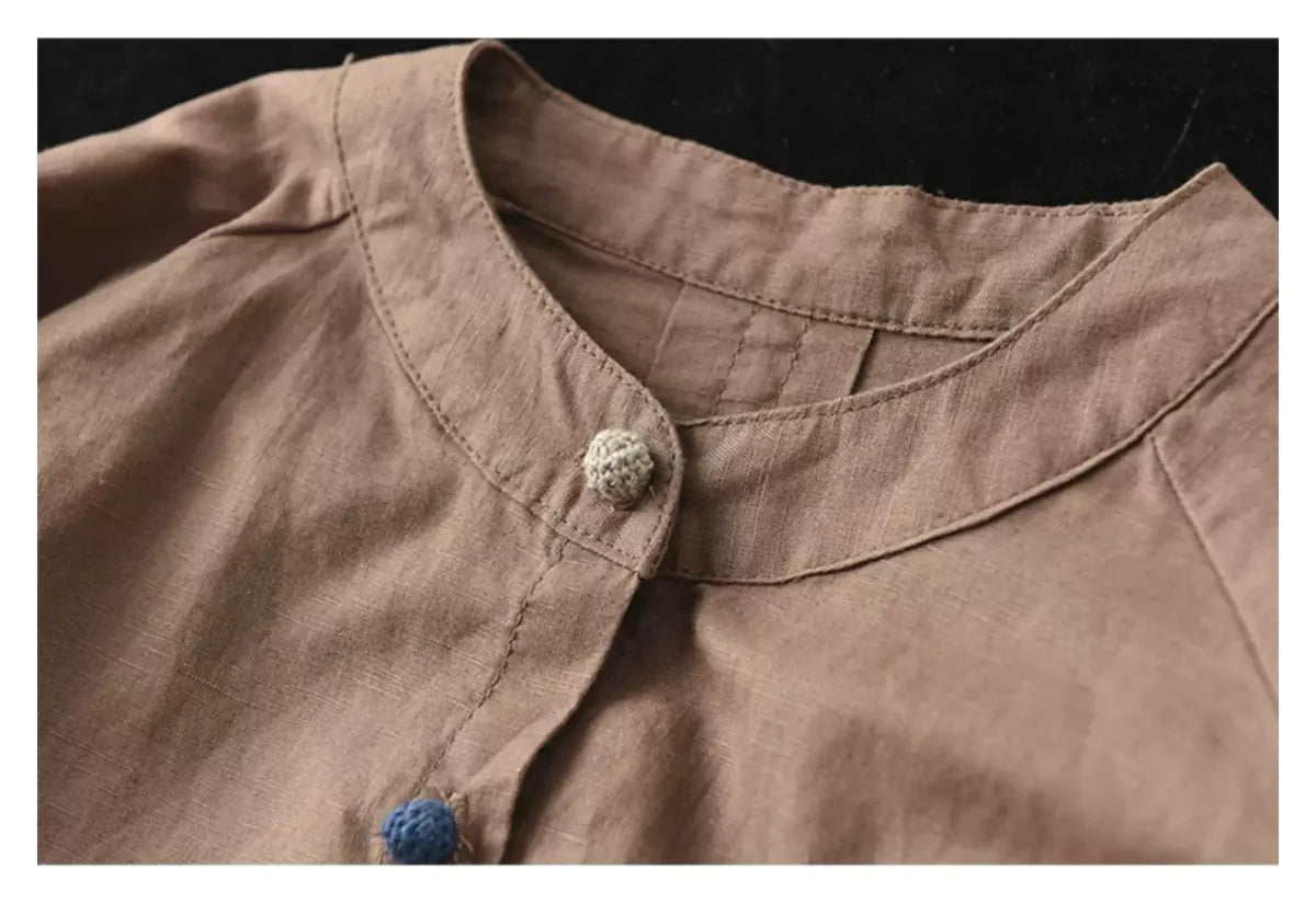 Cotton Linen Small Stand Collar Three Quarter Sleeve Shirt - detail view