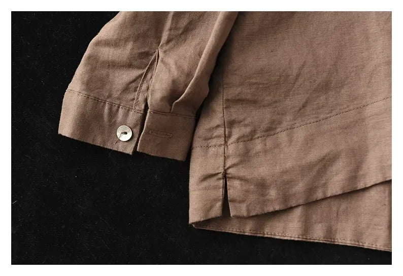 Cotton Linen Small Stand Collar Three Quarter Sleeve Shirt - detail view