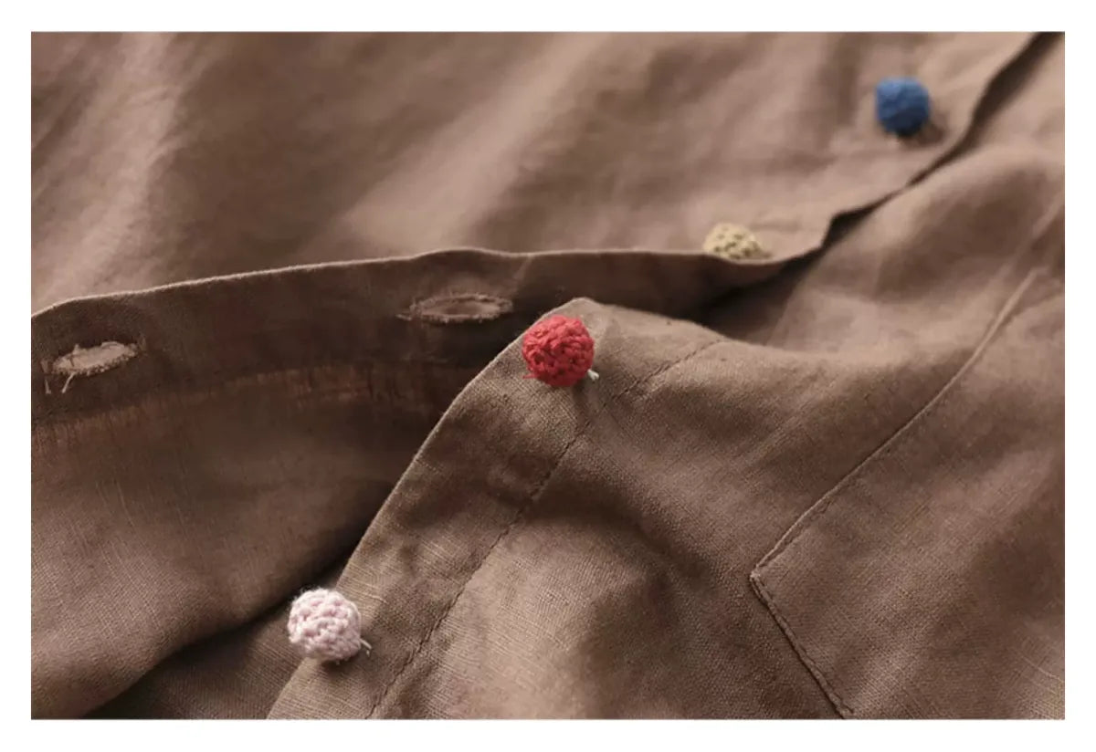 Cotton Linen Small Stand Collar Three Quarter Sleeve Shirt - detail view