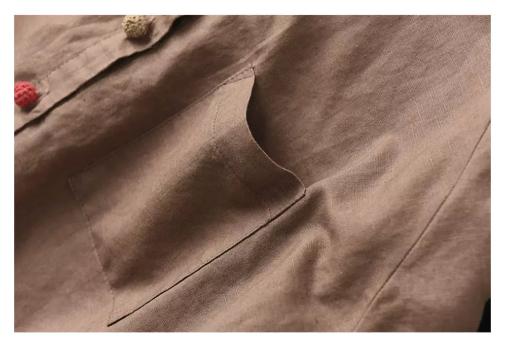 Cotton Linen Small Stand Collar Three Quarter Sleeve Shirt - detail view