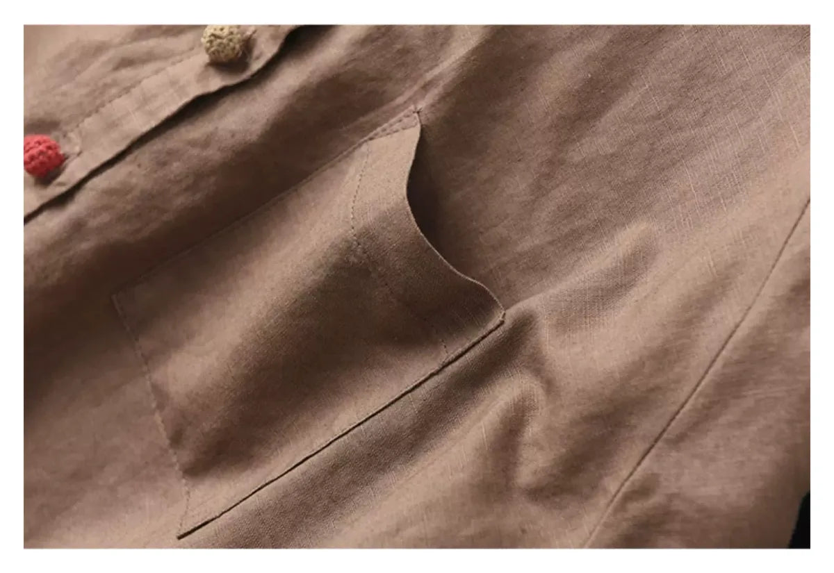 Cotton Linen Small Stand Collar Three Quarter Sleeve Shirt - detail view
