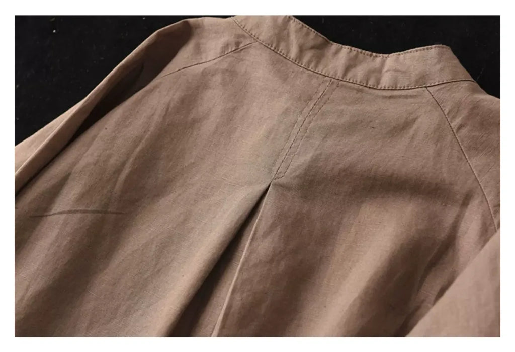 Cotton Linen Small Stand Collar Three Quarter Sleeve Shirt - detail view