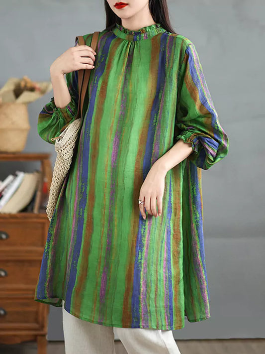 Women's Cotton Linen Striped Loose Fit Mid-Length Long Sleeve Shirt