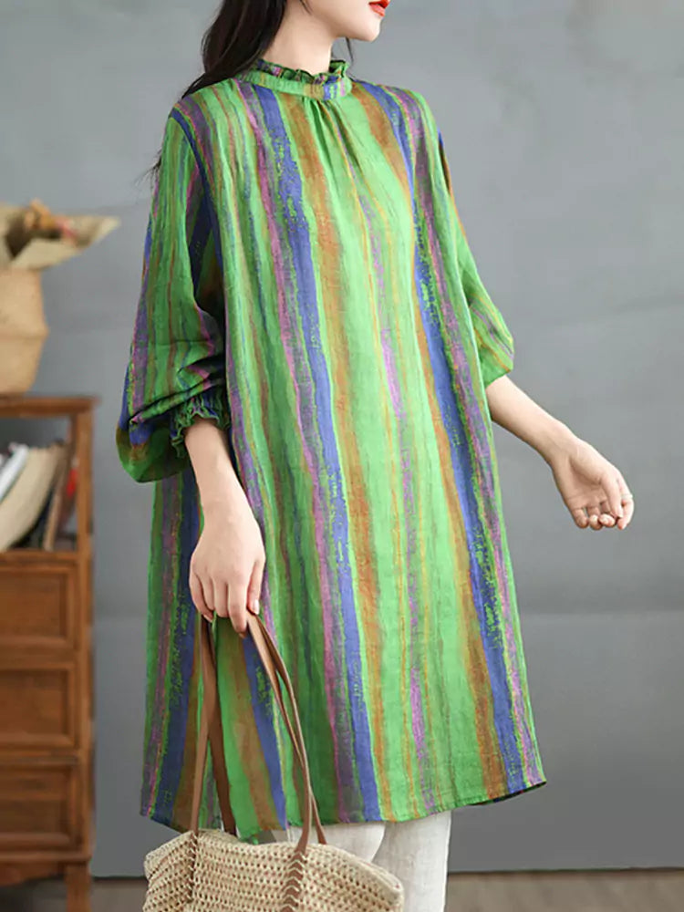 Women's Cotton Linen Striped Loose Fit Mid-Length Long Sleeve Shirt