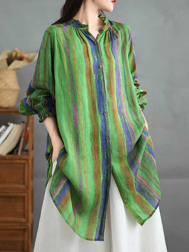 Women's Cotton Linen Striped Loose Fit Mid-Length Long Sleeve Shirt