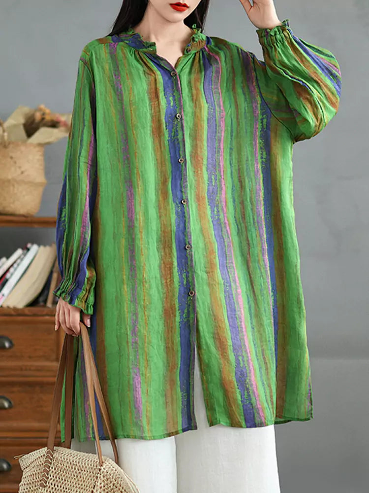 Women's Cotton Linen Striped Loose Fit Mid-Length Long Sleeve Shirt