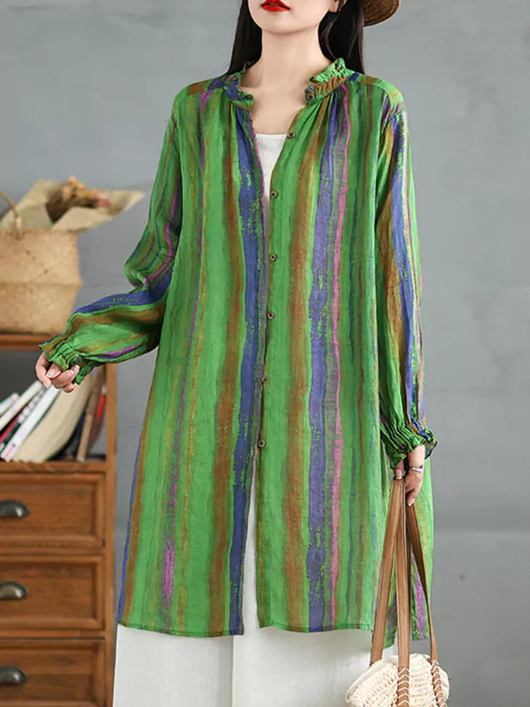 Women's Cotton Linen Striped Loose Fit Mid-Length Long Sleeve Shirt