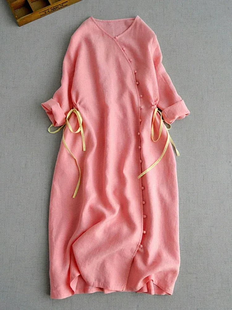 Cotton Linen Three Quarter Sleeve Dress with Asymmetrical Placket - product image 2 - unknown