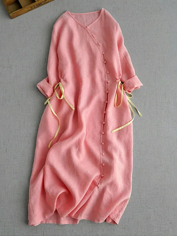 Cotton Linen Three Quarter Sleeve Dress with Asymmetrical Placket - product image 3 - unknown