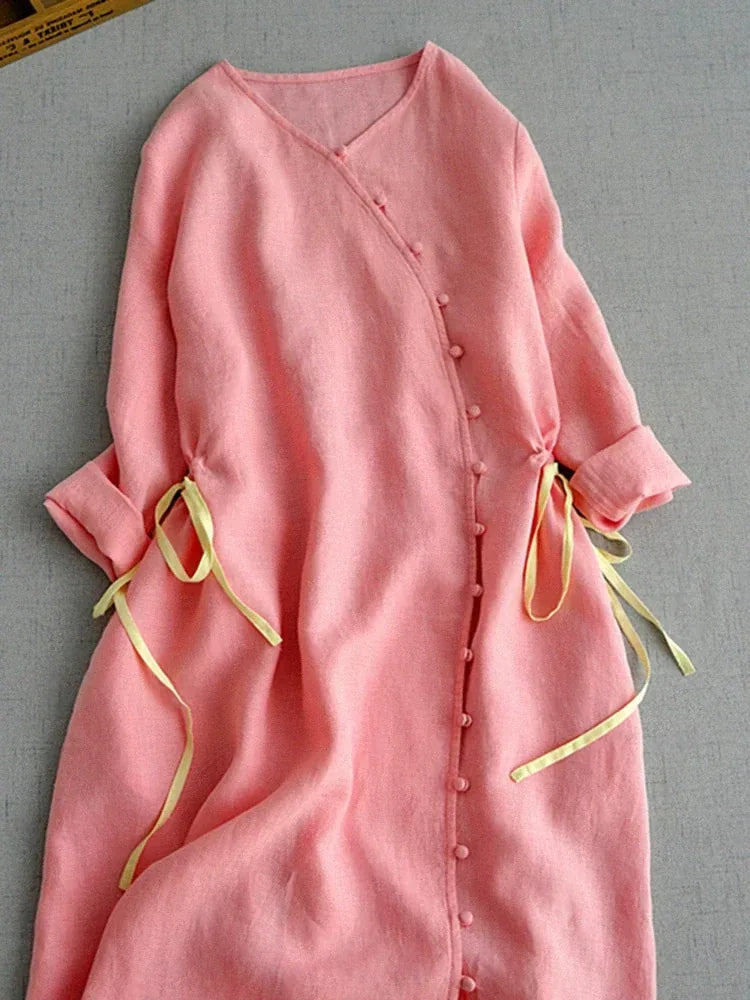Cotton Linen Three Quarter Sleeve Dress with Asymmetrical Placket - product image 4 - unknown