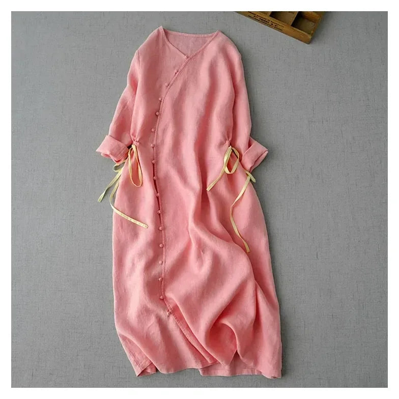 Cotton Linen Three Quarter Sleeve Dress with Asymmetrical Placket - product image 5 - unknown