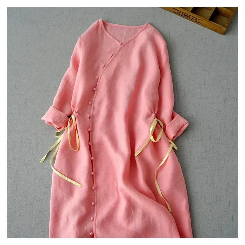 Cotton Linen Three Quarter Sleeve Dress with Asymmetrical Placket - product image 6 - unknown